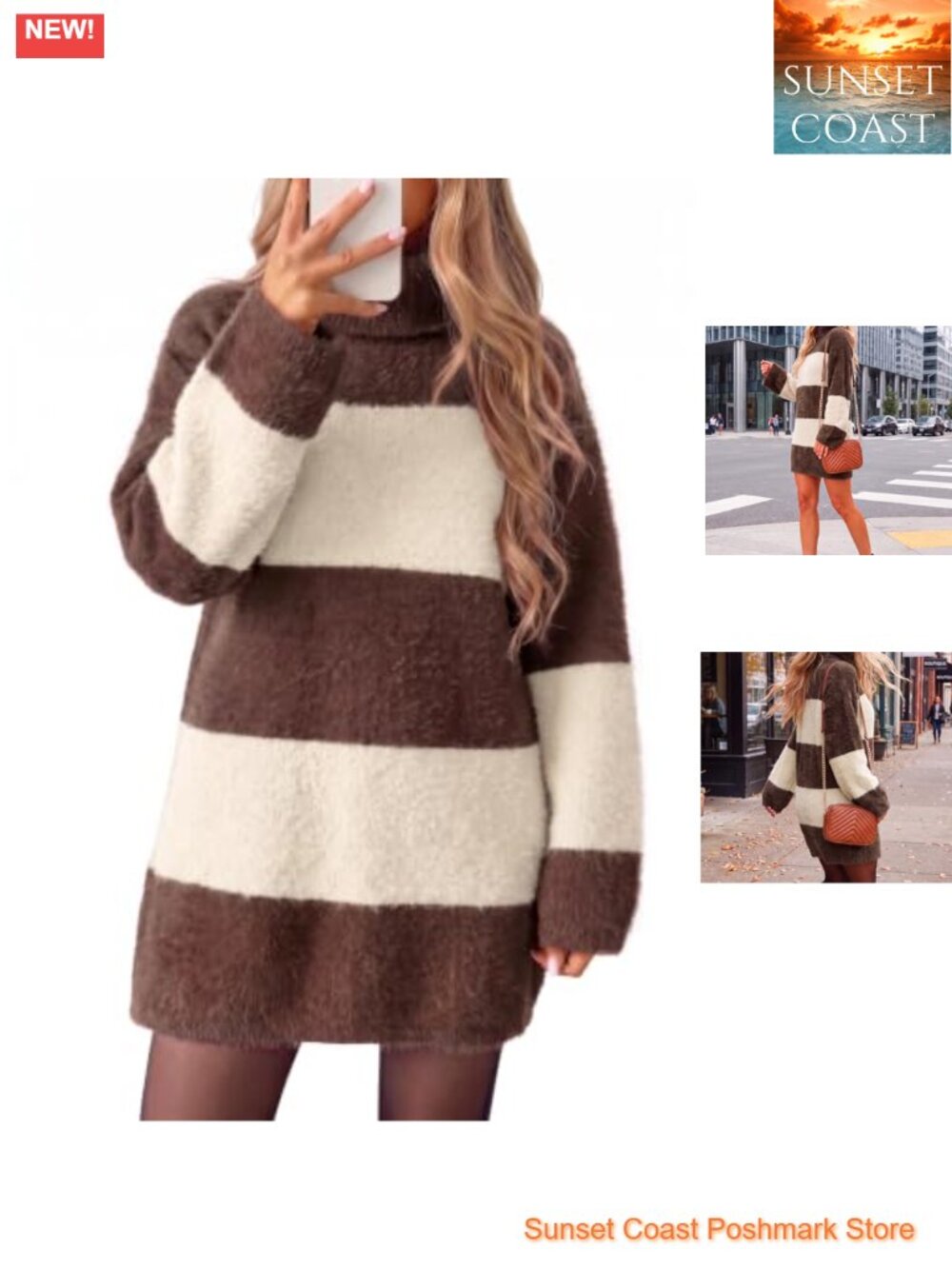 Oversized Striped Sweater Dress Chunky Knit Turtleneck Mini Pullover